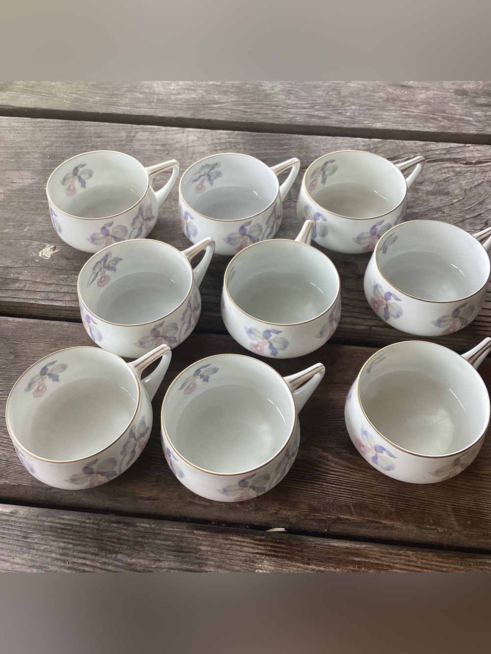 Bavarian Ceramic Orchid Iris Flat Tea Cups - set of 9